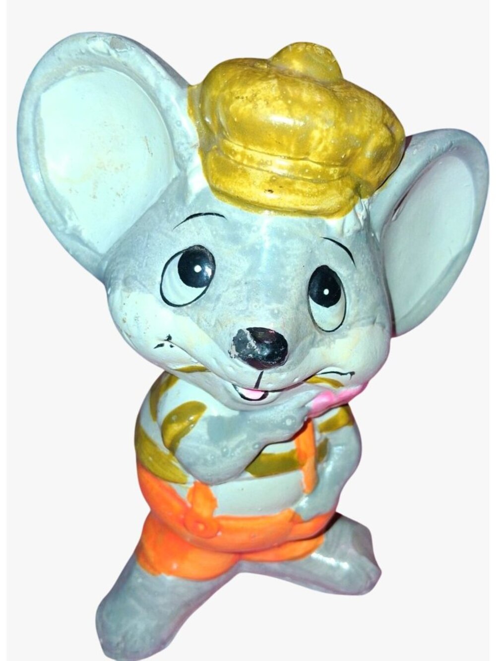 Vintage Hand-Painted Ceramic Mouse Figurine Coin Bank With Yellow Hat & Orange O